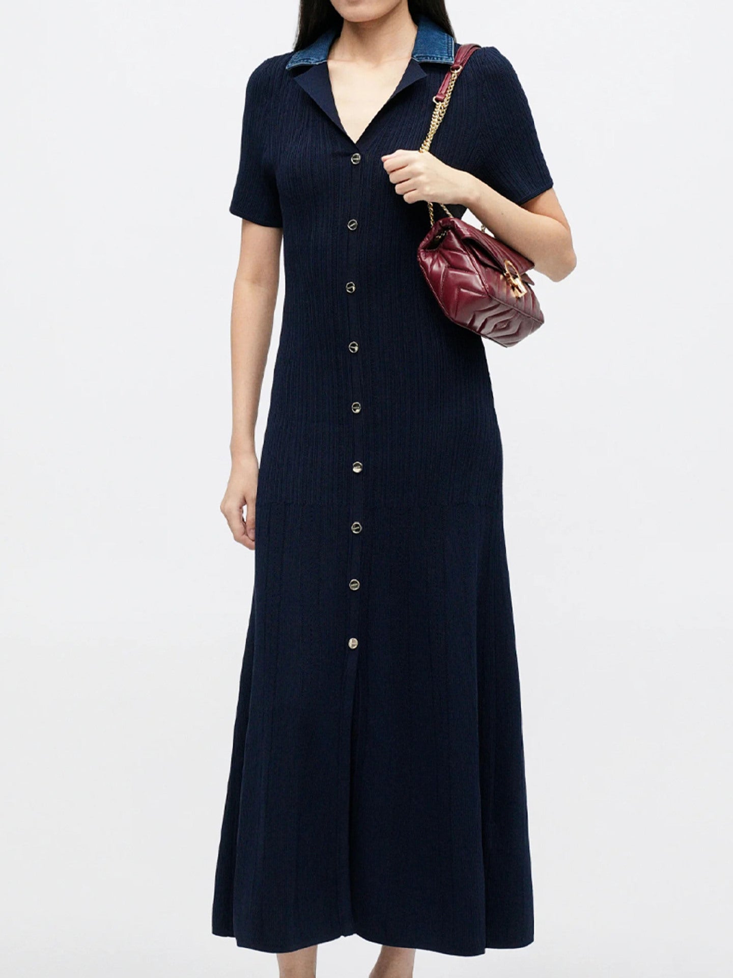 Zephyrine Denim-Collar Ribbed Knit Button-Front Maxi Dress - back view