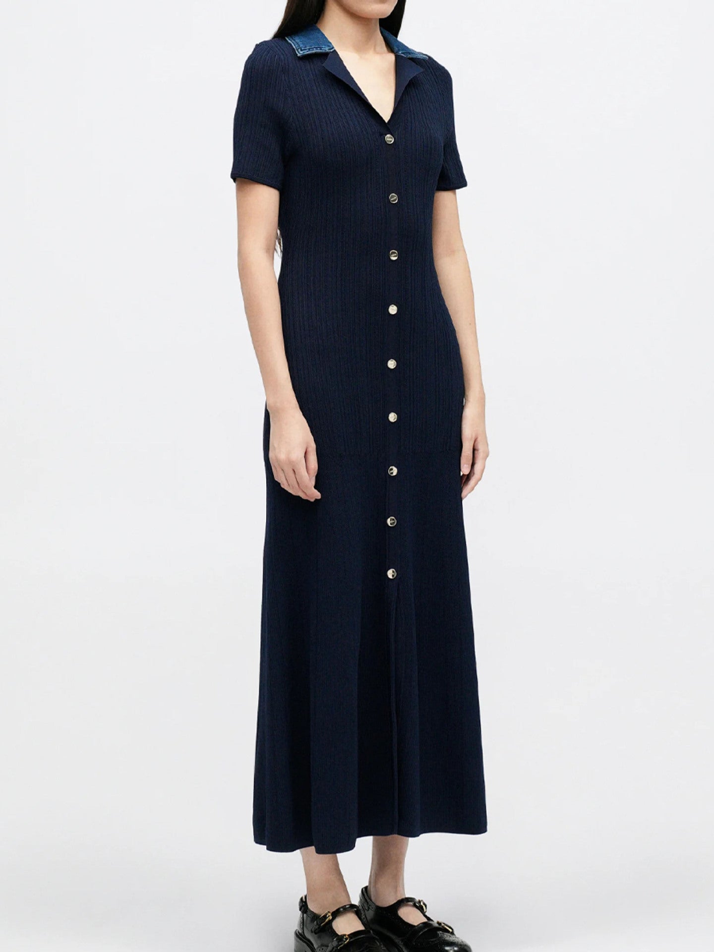 Zephyrine Denim-Collar Ribbed Knit Button-Front Maxi Dress - detail view