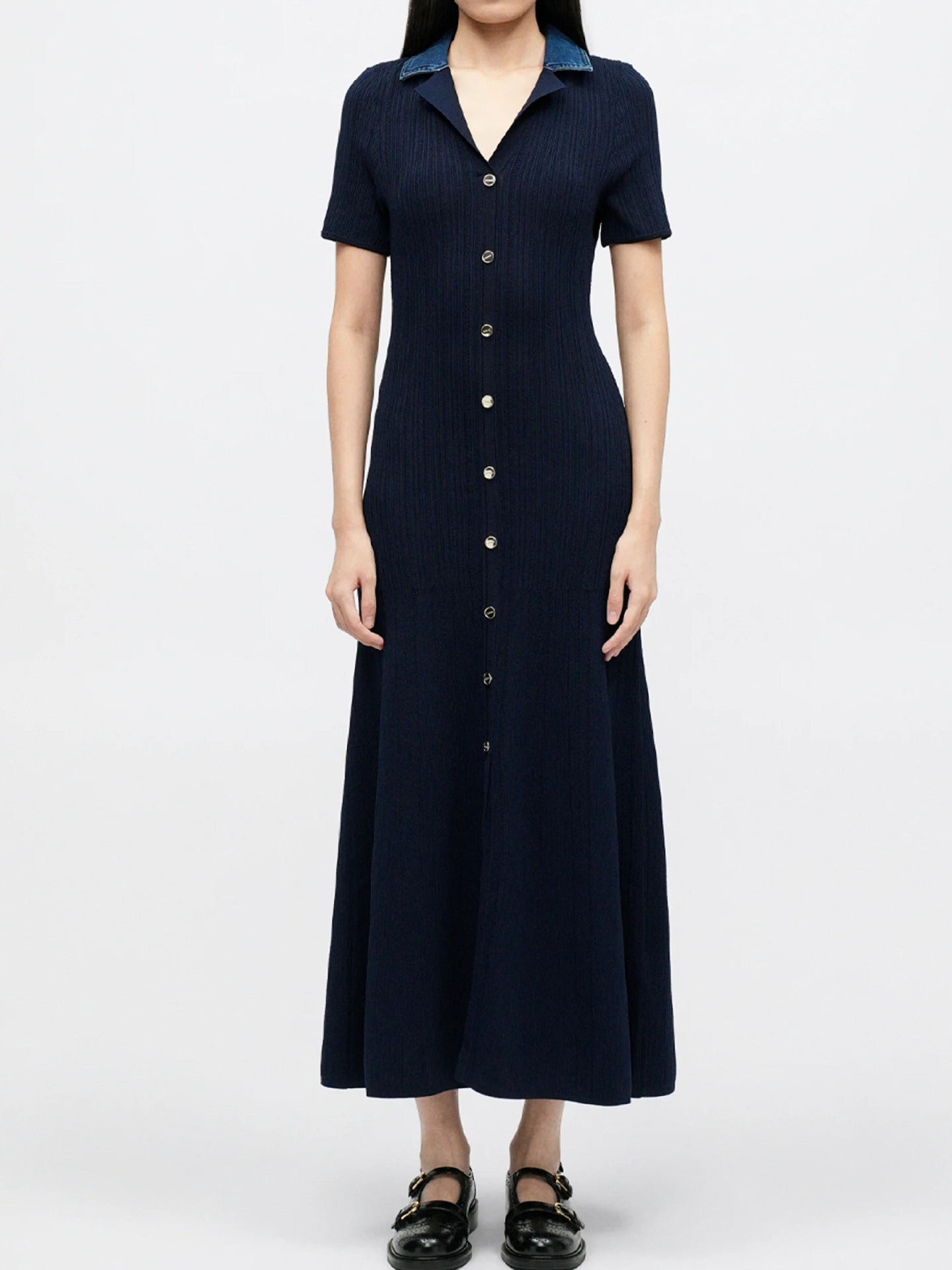 Zephyrine Denim-Collar Ribbed Knit Button-Front Maxi Dress - front view